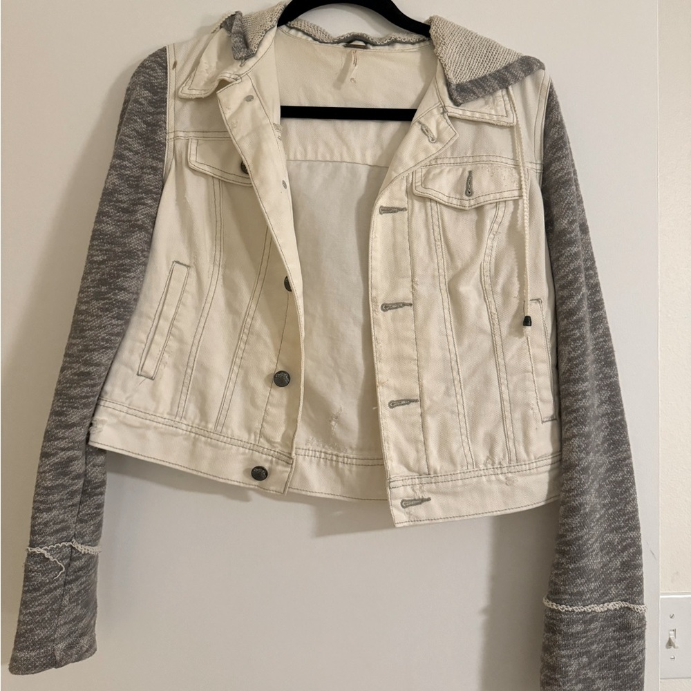 Free People White Denim Jacket Hooded Sweater, Size S